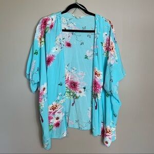 Davi & Dani Spring Blue Floral Kaftan Size Small Open Front Bright Kimono